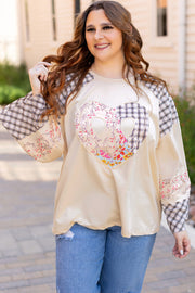 Bella Love Boutique California LLC Tops/Long Sleeve Tops Beige Plaid Floral Peace Heart Graphic Wide Long Sleeve Top