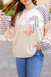 Bella Love Boutique California LLC Tops/Long Sleeve Tops Beige Plaid Floral Peace Heart Graphic Wide Long Sleeve Top