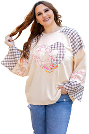 Bella Love Boutique California LLC Tops/Long Sleeve Tops Beige Plaid Floral Peace Heart Graphic Wide Long Sleeve Top