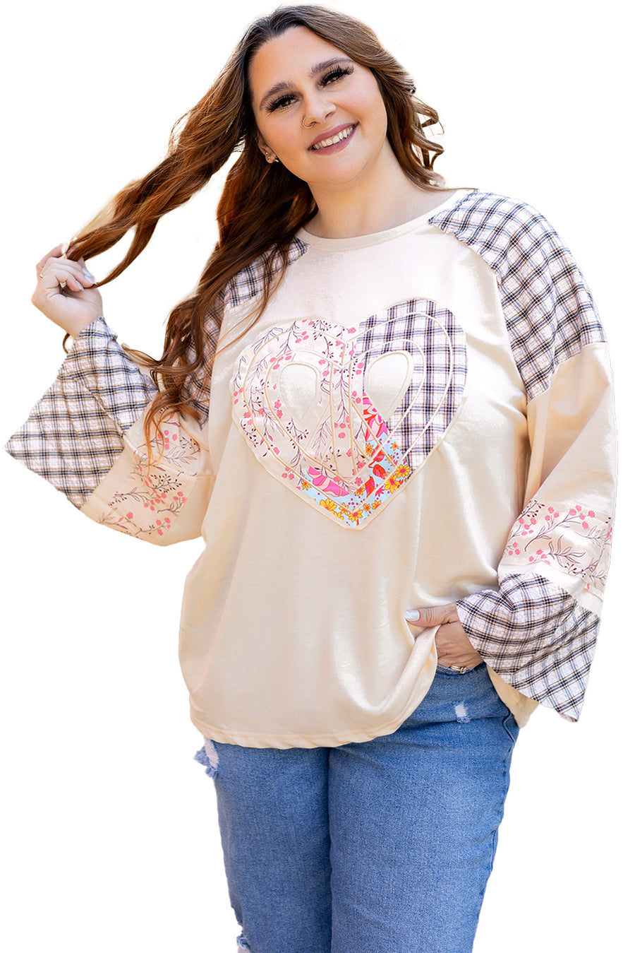 Bella Love Boutique California LLC Tops/Long Sleeve Tops Beige Plaid Floral Peace Heart Graphic Wide Long Sleeve Top