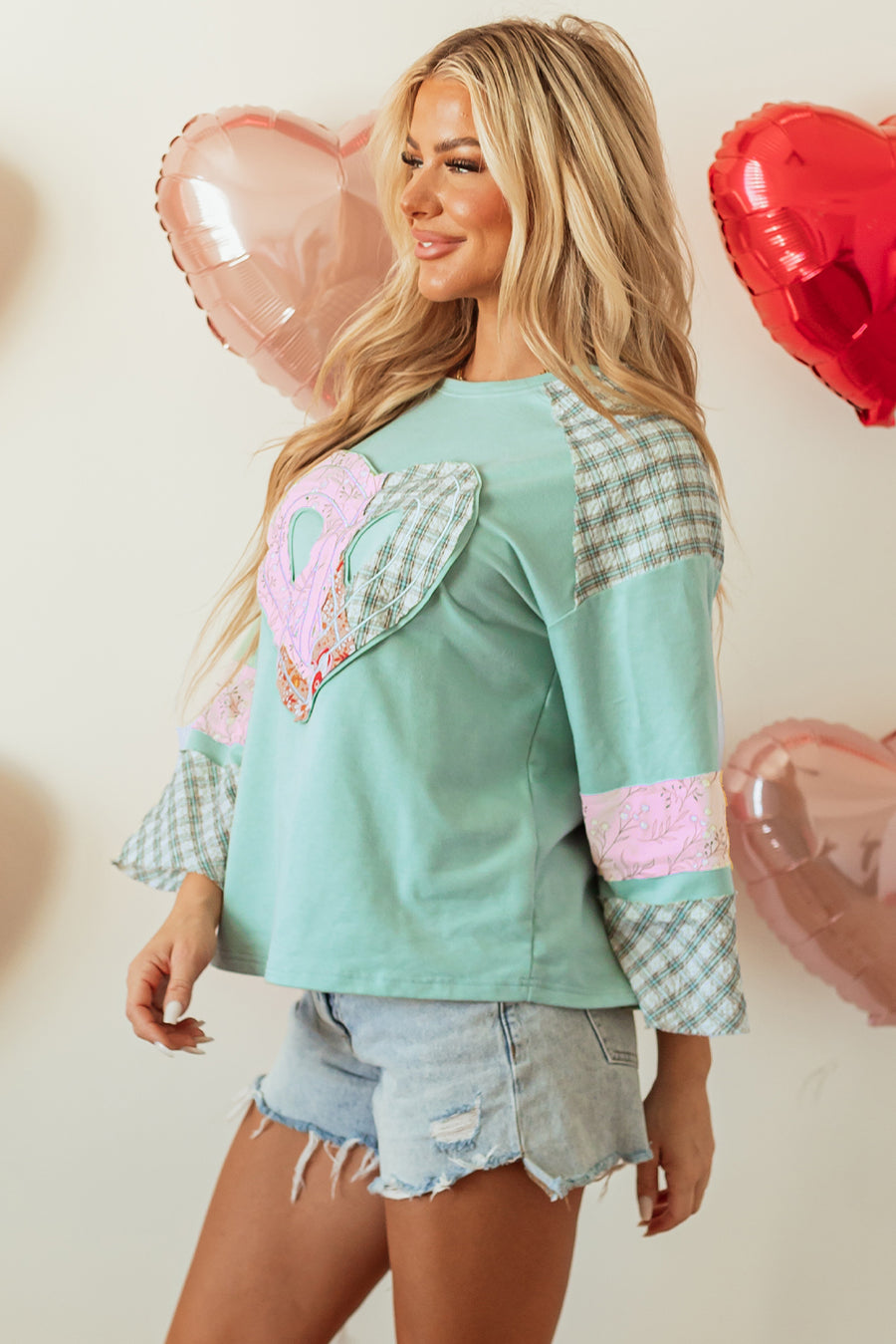 Bella Love Boutique California LLC Tops/Long Sleeve Tops Beige Plaid Floral Peace Heart Graphic Wide Long Sleeve Top