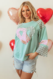 Bella Love Boutique California LLC Tops/Long Sleeve Tops Beige Plaid Floral Peace Heart Graphic Wide Long Sleeve Top