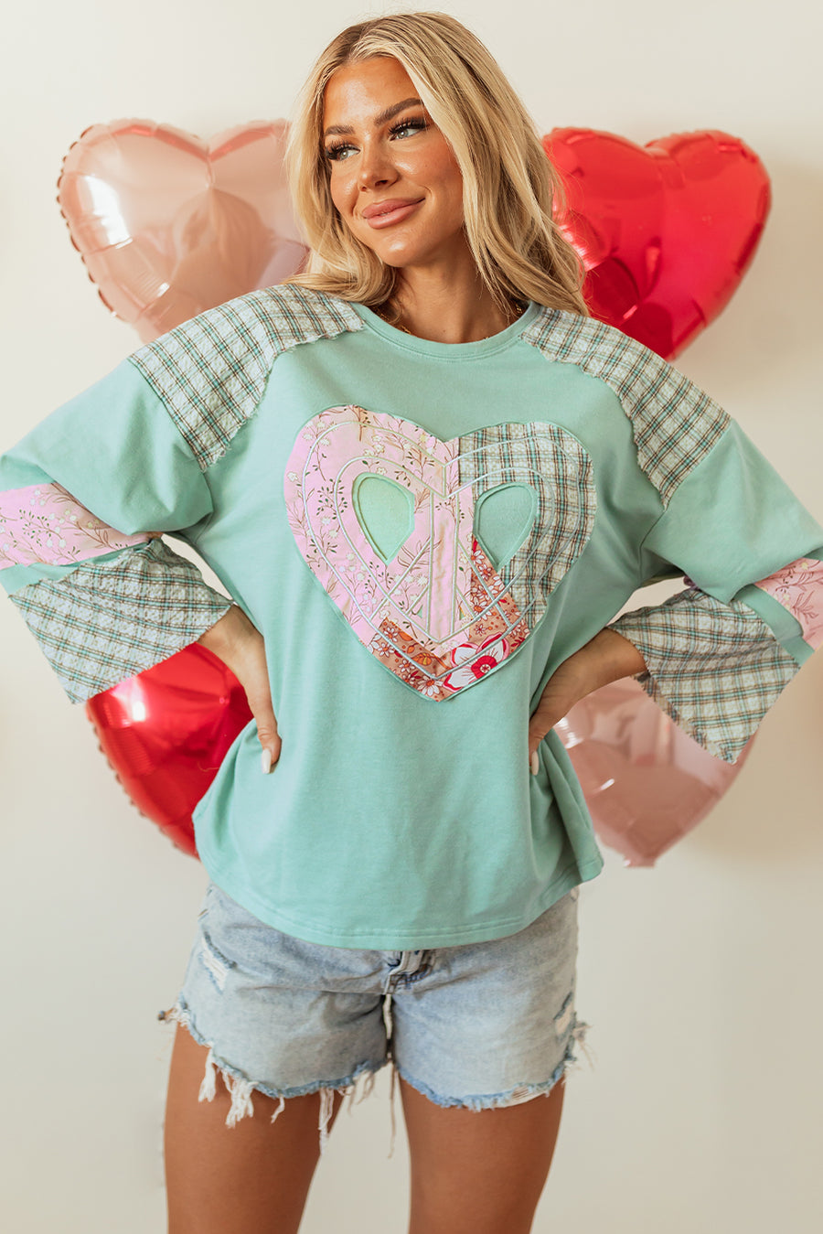 Bella Love Boutique California LLC Tops/Long Sleeve Tops Beige Plaid Floral Peace Heart Graphic Wide Long Sleeve Top