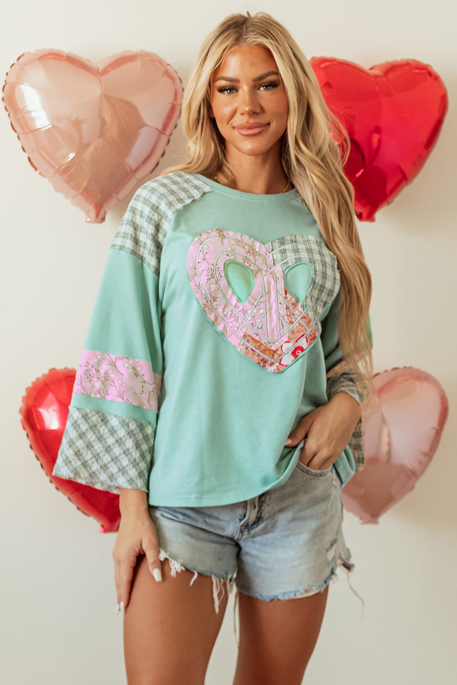 Bella Love Boutique California LLC Tops/Long Sleeve Tops Beige Plaid Floral Peace Heart Graphic Wide Long Sleeve Top