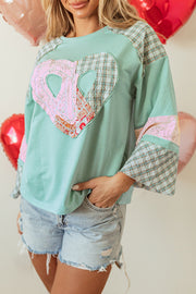 Bella Love Boutique California LLC Tops/Long Sleeve Tops Beige Plaid Floral Peace Heart Graphic Wide Long Sleeve Top