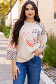 Bella Love Boutique California LLC Tops/Long Sleeve Tops Beige / S / 85%Polyester+10%Cotton+5%Elastane Beige Plaid Floral Peace Heart Graphic Wide Long Sleeve Top