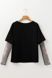 Bella Love Boutique California LLC Tops/Long Sleeve Tops Black Faux Two Piece Floral Long Sleeve Patchwork Tee