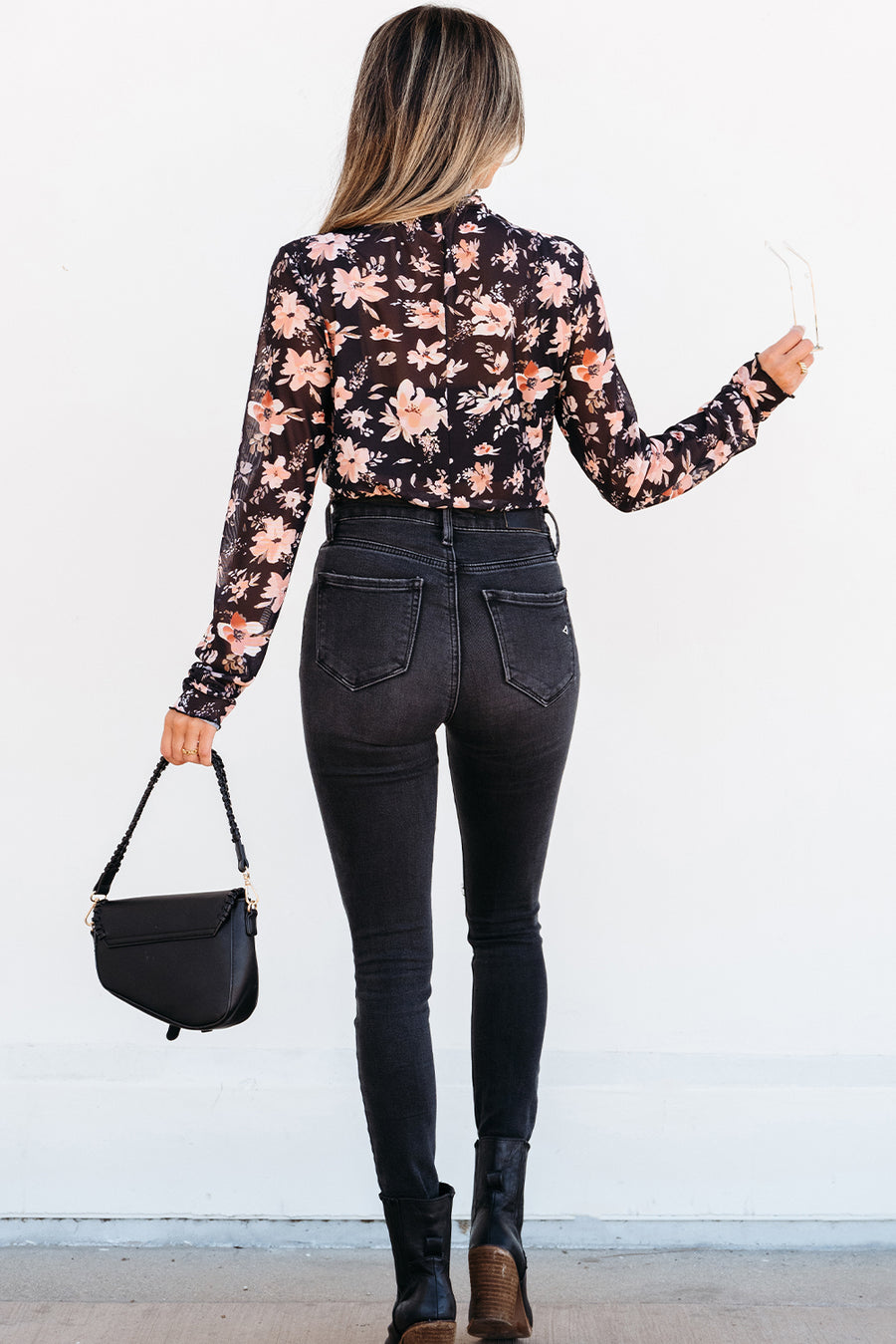 Bella Love Boutique California LLC Tops/Long Sleeve Tops Black Floral Mesh Mock Neck Long Sleeve Slim Fit Top