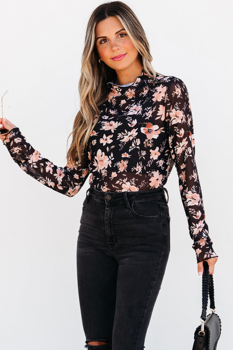 Bella Love Boutique California LLC Tops/Long Sleeve Tops Black Floral Mesh Mock Neck Long Sleeve Slim Fit Top