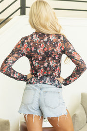 Bella Love Boutique California LLC Tops/Long Sleeve Tops Black Floral Mesh Sheer Long Sleeve Top