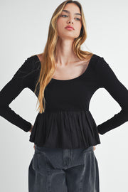 Bella Love Boutique California LLC Tops/Long Sleeve Tops Black Ribbed Knit Long Sleeve Scoop Neck Peplum Patchwork Top