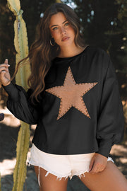 Bella Love Boutique California LLC Tops/Long Sleeve Tops Black / S / 85%Polyester+10%Cotton+5%Elastane Apricot Studded Star Graphic Oversized Long Sleeve Top