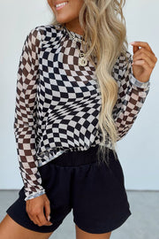 Bella Love Boutique California LLC Tops/Long Sleeve Tops Black / S / 95%Polyester+5%Elastane Rose Checkered Pattern Mesh Mock Neck Long Sleeve Top