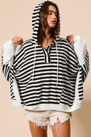 Bella Love Boutique California LLC Tops/Long Sleeve Tops Black white Oversized Striped Henley Buttons Dolman Sleeve Hooded Top