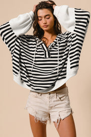 Bella Love Boutique California LLC Tops/Long Sleeve Tops Black white Oversized Striped Henley Buttons Dolman Sleeve Hooded Top