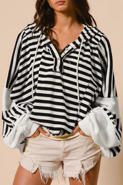 Bella Love Boutique California LLC Tops/Long Sleeve Tops Black white / S / 95%Polyester+5%Elastane Black white Oversized Striped Henley Buttons Dolman Sleeve Hooded Top