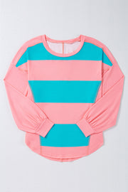 Bella Love Boutique California LLC Tops/Long Sleeve Tops Blue Colorblock Striped Drop Shoulder Loose Top