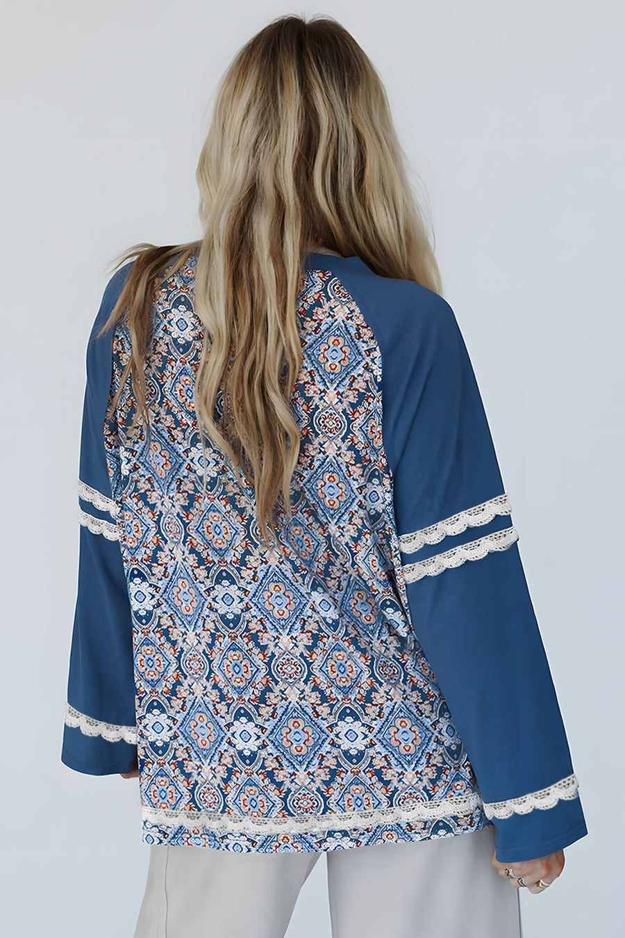 Bella Love Boutique California LLC Tops/Long Sleeve Tops Blue Geometric Printed Lace Patchwork Ric Rac Raglan Long Sleeve Top