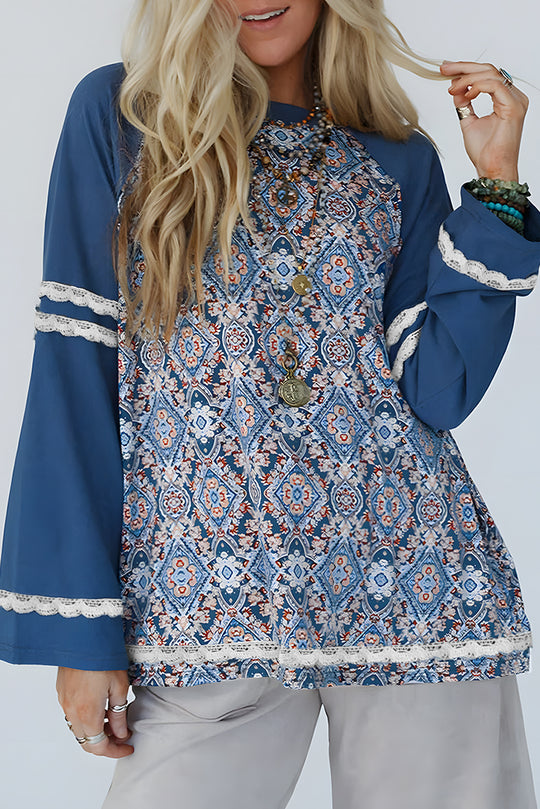 Bella Love Boutique California LLC Tops/Long Sleeve Tops Blue / S / 62%Polyester+32%Cotton+6%Elastane Blue Geometric Printed Lace Patchwork Ric Rac Raglan Long Sleeve Top