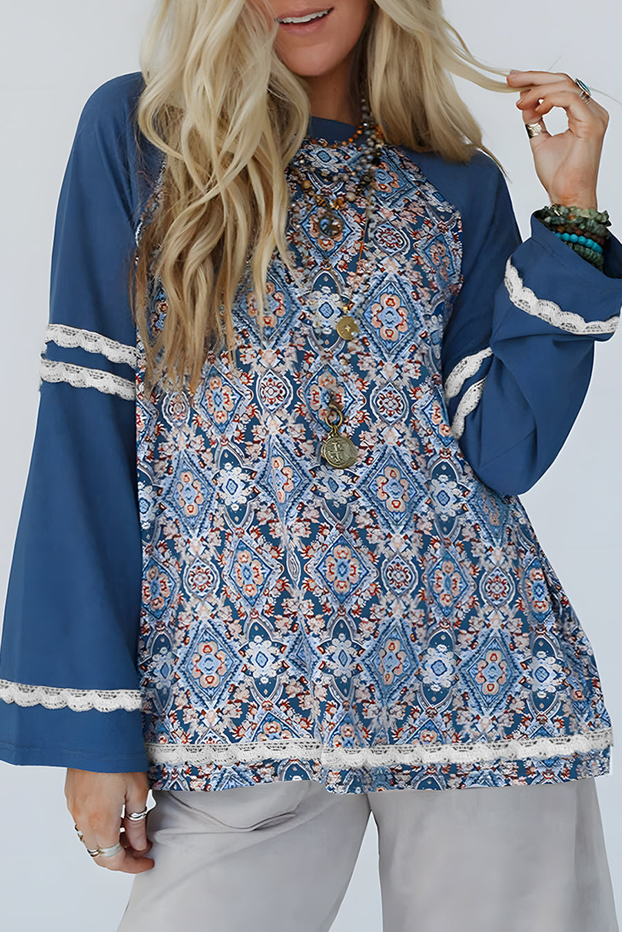 Bella Love Boutique California LLC Tops/Long Sleeve Tops Blue / S / 62%Polyester+32%Cotton+6%Elastane Blue Geometric Printed Lace Patchwork Ric Rac Raglan Long Sleeve Top