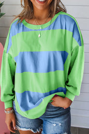 Bella Love Boutique California LLC Tops/Long Sleeve Tops Blue / S / 95%Polyester+5%Elastane Blue Colorblock Striped Drop Shoulder Loose Top
