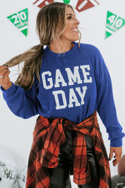 Bella Love Boutique California LLC Tops/Long Sleeve Tops Bluing Corded GAME DAY Graphic Long Sleeve Crewneck Top