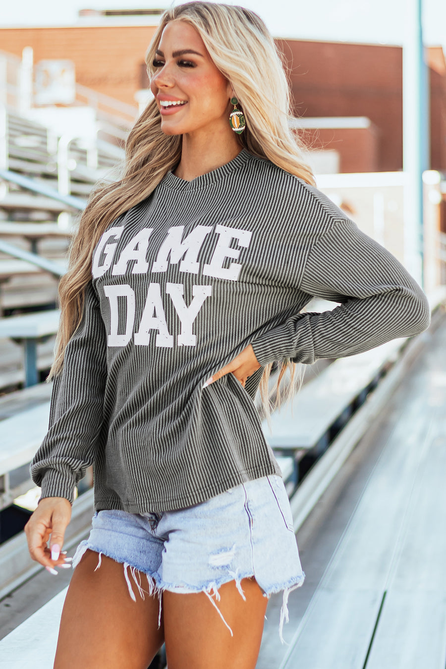 Bella Love Boutique California LLC Tops/Long Sleeve Tops Bluing Corded GAME DAY Graphic Long Sleeve Crewneck Top