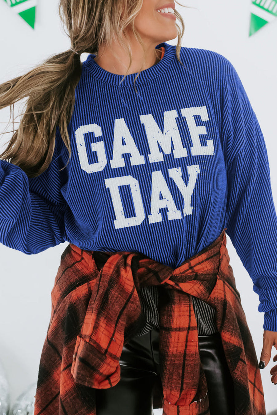 Bella Love Boutique California LLC Tops/Long Sleeve Tops Bluing / S / 75%Polyester+20%Viscose+5%Elastane Bluing Corded GAME DAY Graphic Long Sleeve Crewneck Top