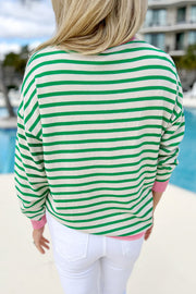 Bright Green Striped Contrast Edge Long Sleeve Top