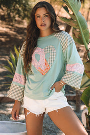 Bella Love Boutique California LLC Tops/Long Sleeve Tops Clearly Aqua / S / 85%Polyester+10%Cotton+5%Elastane Beige Plaid Floral Peace Heart Graphic Wide Long Sleeve Top