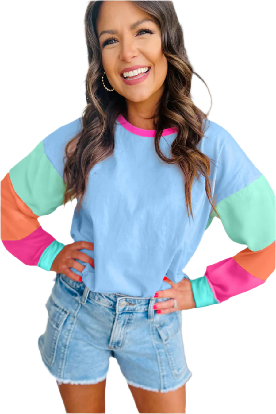 Bella Love Boutique California LLC Tops/Long Sleeve Tops Dark Blue Colorblock Patchwork Long Sleeve Loose Top