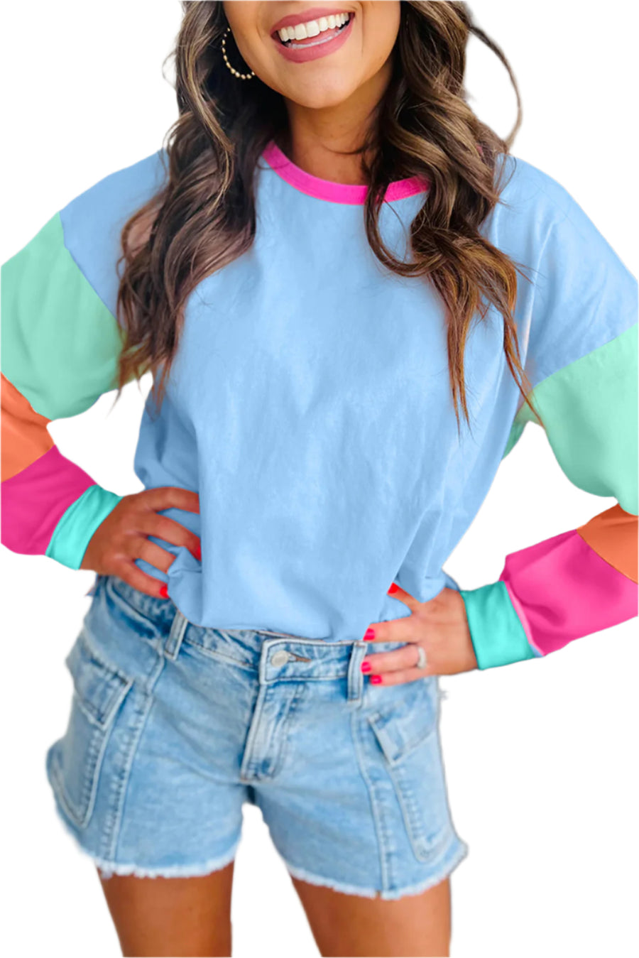 Bella Love Boutique California LLC Tops/Long Sleeve Tops Dark Blue / S / 95%Cotton+5%Elastane Dark Blue Colorblock Patchwork Long Sleeve Loose Top