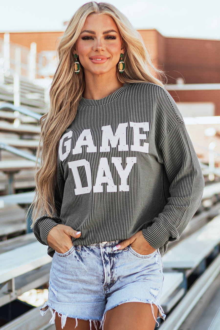 Bella Love Boutique California LLC Tops/Long Sleeve Tops Dark Grey / S / 75%Polyester+20%Viscose+5%Elastane Bluing Corded GAME DAY Graphic Long Sleeve Crewneck Top