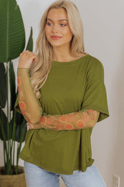 Bella Love Boutique California LLC Tops/Long Sleeve Tops Fern Green Faux Two Piece Floral Long Sleeve Patchwork Tee