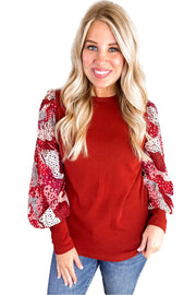 Bella Love Boutique California LLC Tops/Long Sleeve Tops Fiery Red Contrast Mixed Animal Print Lantern Sleeve Patchwork Top