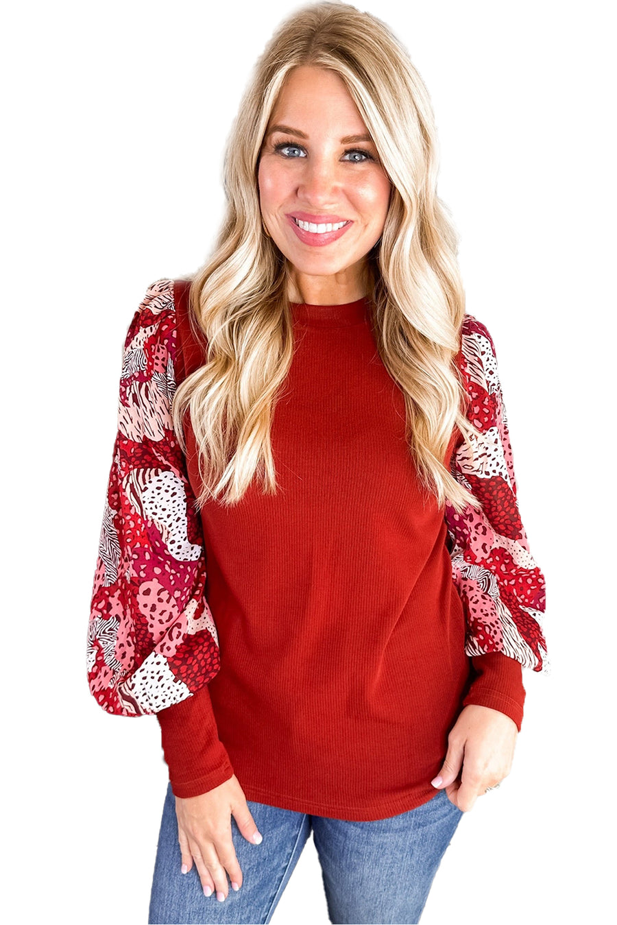 Bella Love Boutique California LLC Tops/Long Sleeve Tops Fiery Red Contrast Mixed Animal Print Lantern Sleeve Patchwork Top