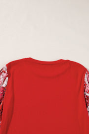 Bella Love Boutique California LLC Tops/Long Sleeve Tops Fiery Red Contrast Mixed Animal Print Lantern Sleeve Patchwork Top