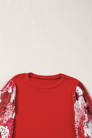 Bella Love Boutique California LLC Tops/Long Sleeve Tops Fiery Red Contrast Mixed Animal Print Lantern Sleeve Patchwork Top
