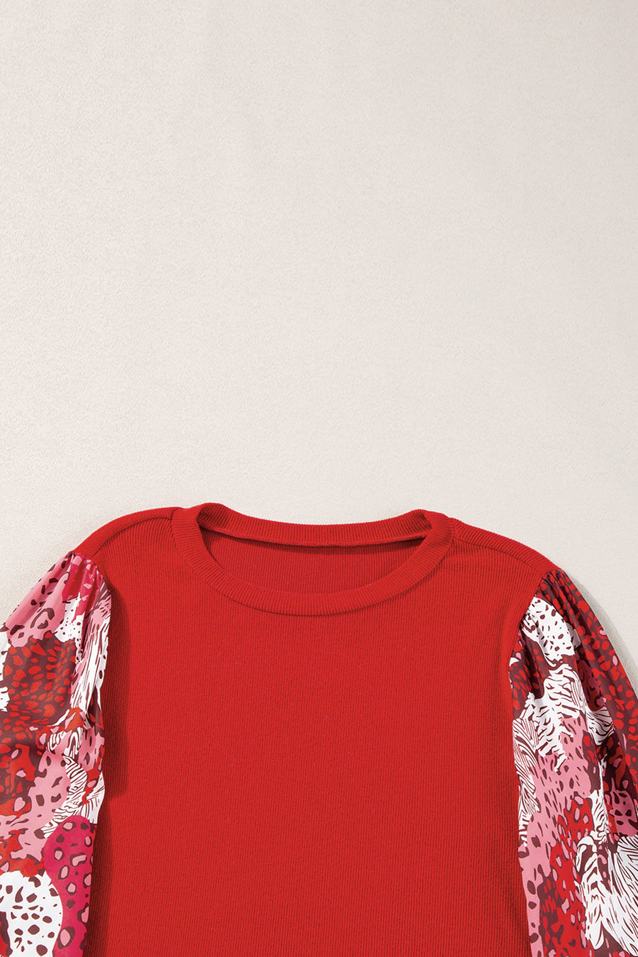 Bella Love Boutique California LLC Tops/Long Sleeve Tops Fiery Red Contrast Mixed Animal Print Lantern Sleeve Patchwork Top