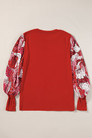 Bella Love Boutique California LLC Tops/Long Sleeve Tops Fiery Red Contrast Mixed Animal Print Lantern Sleeve Patchwork Top