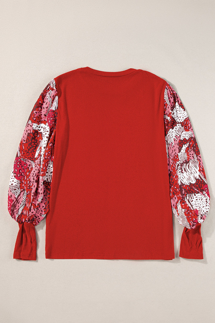Bella Love Boutique California LLC Tops/Long Sleeve Tops Fiery Red Contrast Mixed Animal Print Lantern Sleeve Patchwork Top