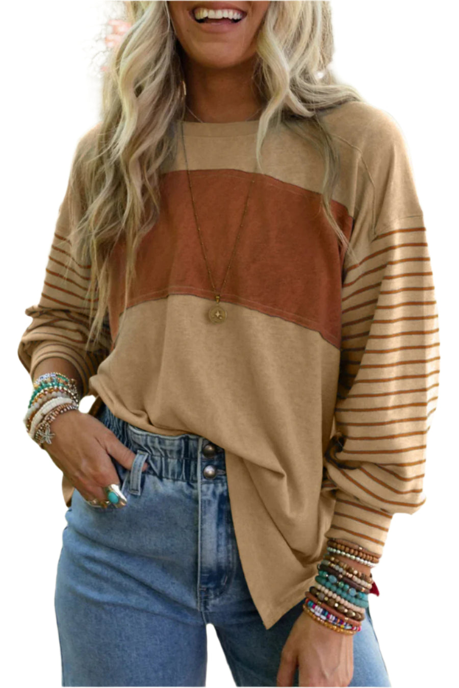 Bella Love Boutique California LLC Tops/Long Sleeve Tops Flaxen / S / 60%Polyester+35%Viscose+5%Elastane Gray Colorblock Striped Bishop Sleeve Top
