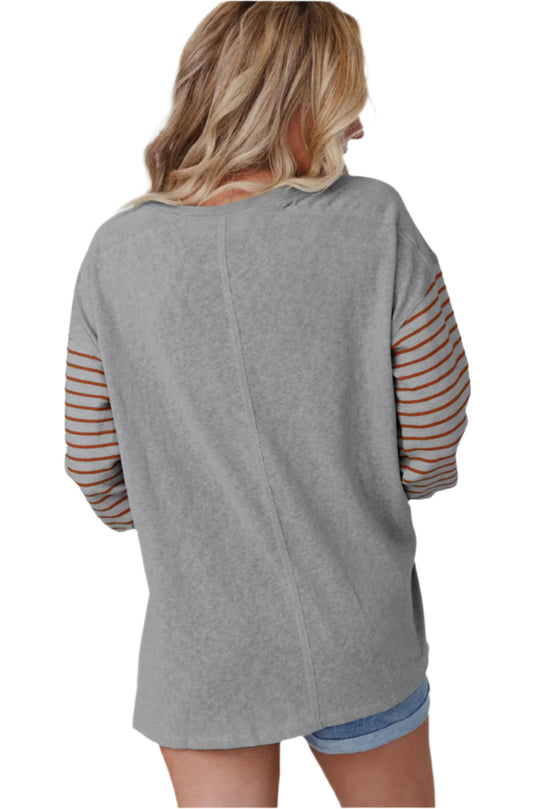 Bella Love Boutique California LLC Tops/Long Sleeve Tops Gray Colorblock Striped Bishop Sleeve Top