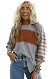 Bella Love Boutique California LLC Tops/Long Sleeve Tops Gray Colorblock Striped Bishop Sleeve Top