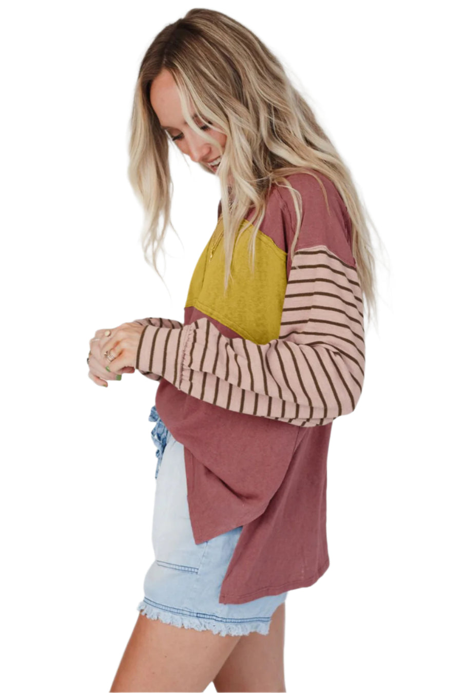 Bella Love Boutique California LLC Tops/Long Sleeve Tops Gray Colorblock Striped Bishop Sleeve Top