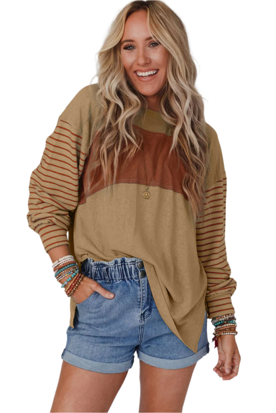 Bella Love Boutique California LLC Tops/Long Sleeve Tops Gray Colorblock Striped Bishop Sleeve Top