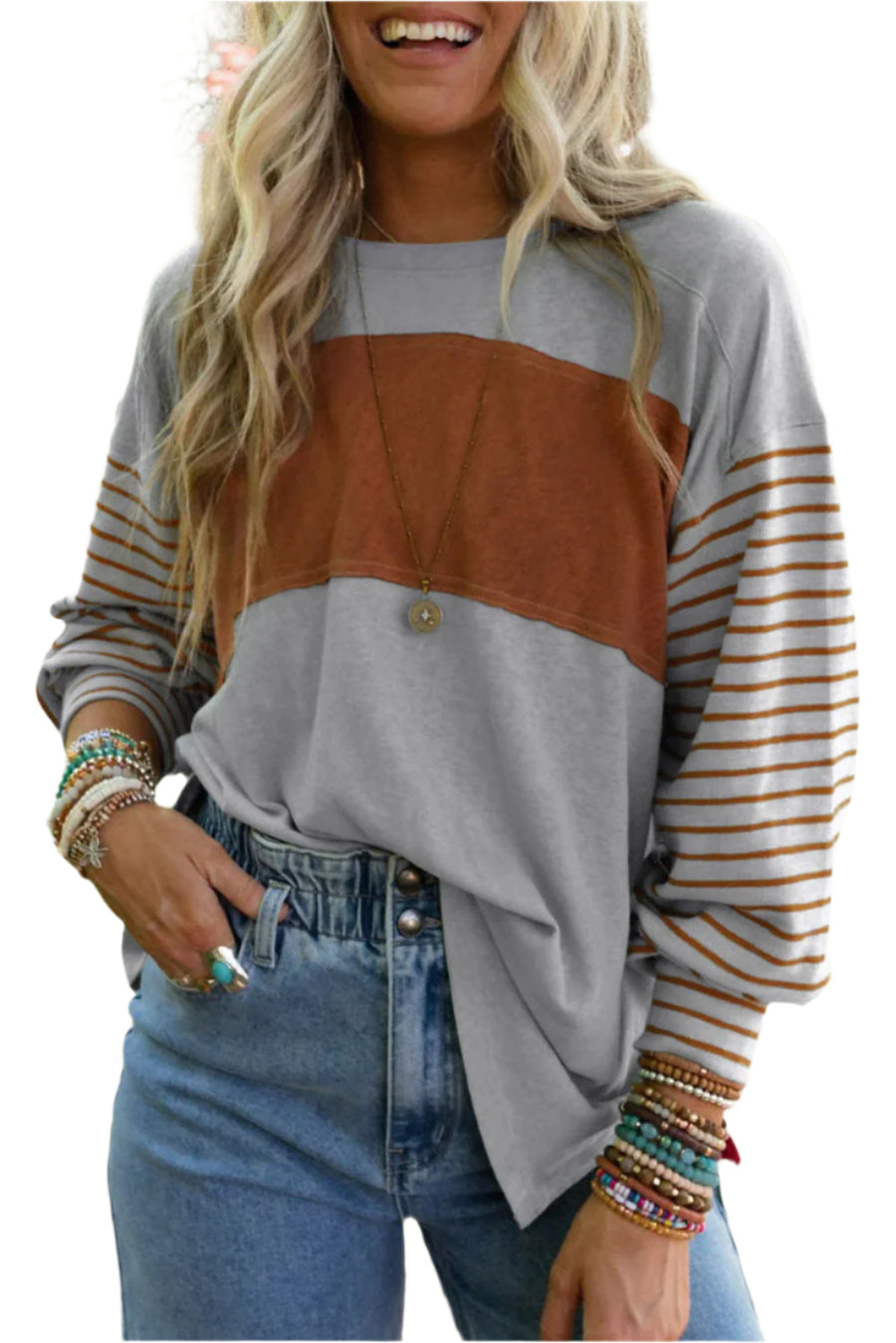 Bella Love Boutique California LLC Tops/Long Sleeve Tops Gray / S / 60%Polyester+35%Viscose+5%Elastane Gray Colorblock Striped Bishop Sleeve Top