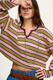 Bella Love Boutique California LLC Tops/Long Sleeve Tops Green Clashing Stripes Waffle Texture Notched Neck Long Sleeve Top