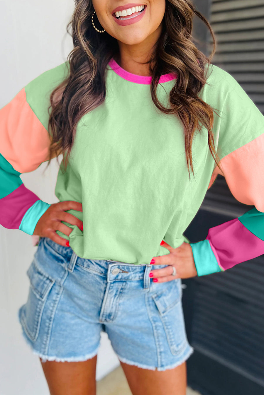 Bella Love Boutique California LLC Tops/Long Sleeve Tops Green Colorblock Patchwork Long Sleeve Loose Top