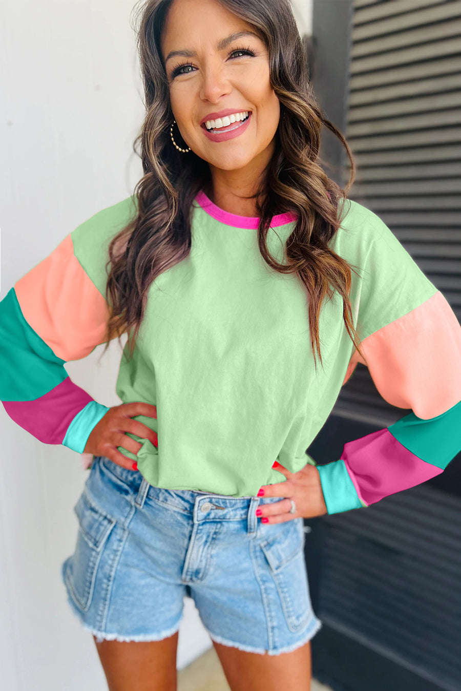 Bella Love Boutique California LLC Tops/Long Sleeve Tops Green Colorblock Patchwork Long Sleeve Loose Top